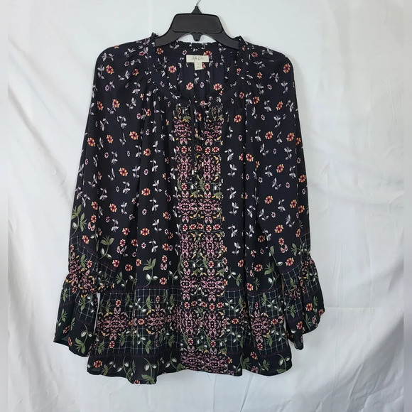Style & Co Womens Flourishing Black Floral Print Boho Long Sleeve Blouse Size 1X - Picture 1 of 9